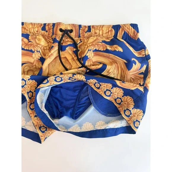 Authentic Versace Gold Baroque Heritage Print Swim Trunks Royal Blue Men's Sz M - Picture 9 of 11